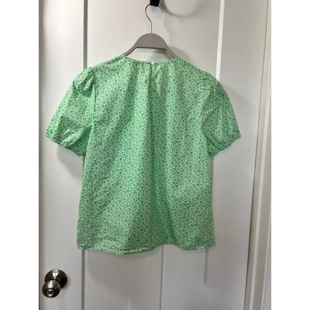 J.‎ Crew Women's Floral 100% Cotton Puff Sleeve Blouse Top Green White Size XS